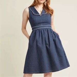 ModCloth Sleeveless Navy White Fit n Flare Print Dress Side Pockets Size S